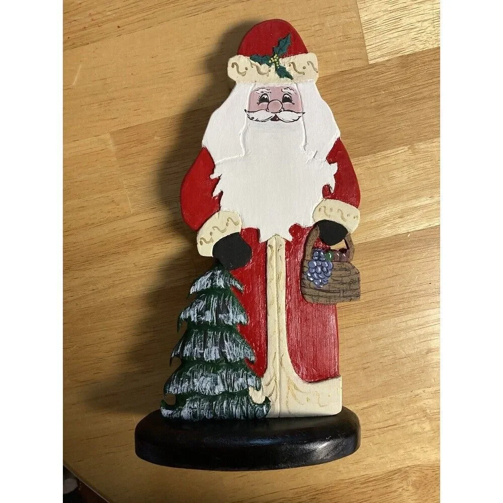 Vtg Handpainted Wooden Santas w Xmas Trees 10.25in Tall 5.5in Base Holiday Decor